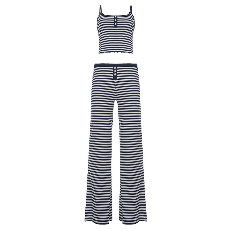 Casual Homewear Striped Contrast Color Breasted Sling Top Trousers Pajamas Two Piece Set for Women