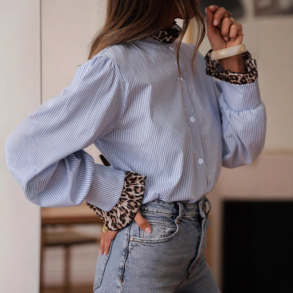 Autumn Women Elegant Casual Striped Leopard Print Stitching Shirt