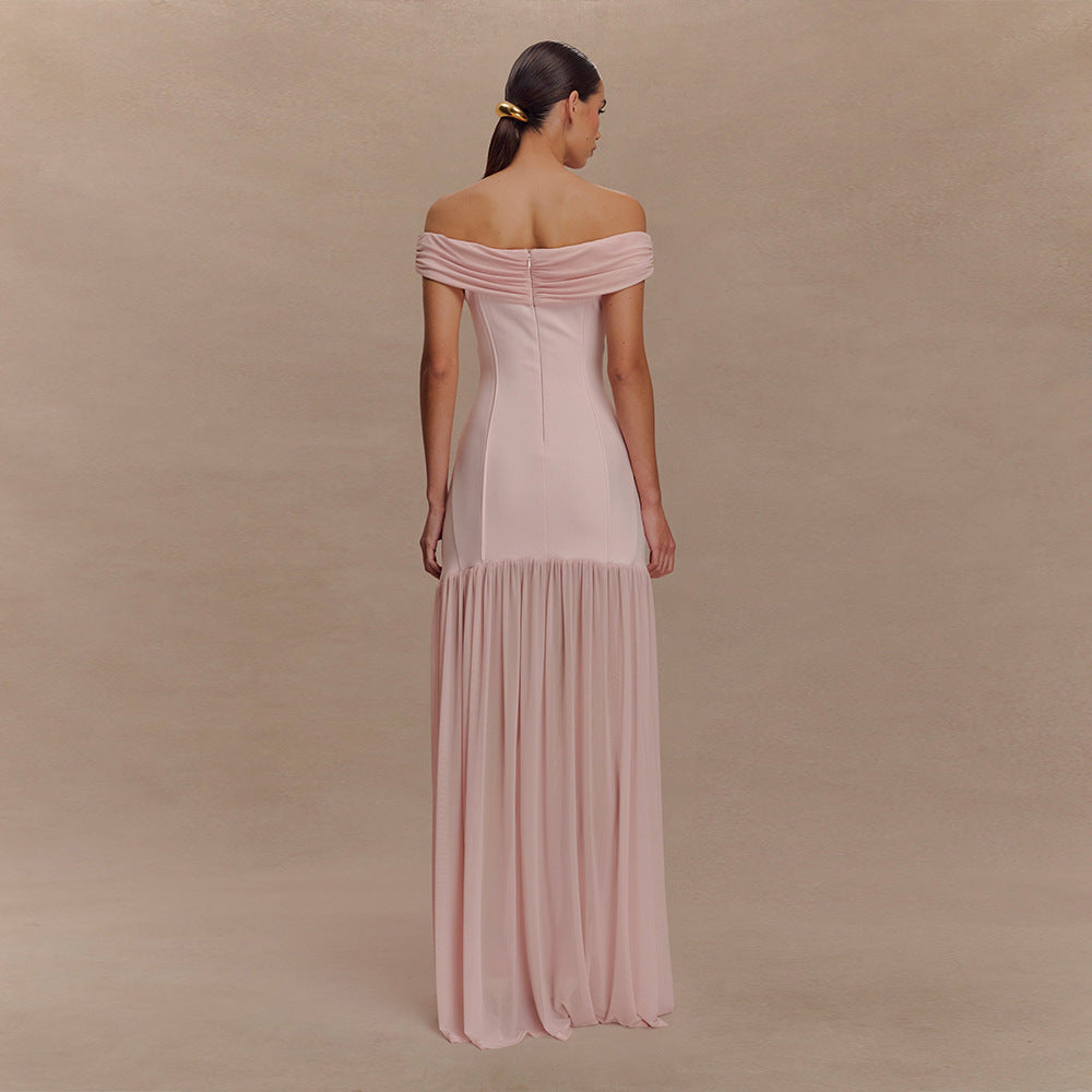 Elegant Tube Top Ladies Dress Sexy Mesh Stitching Backless Pleated Slim Fit Maxi Dress