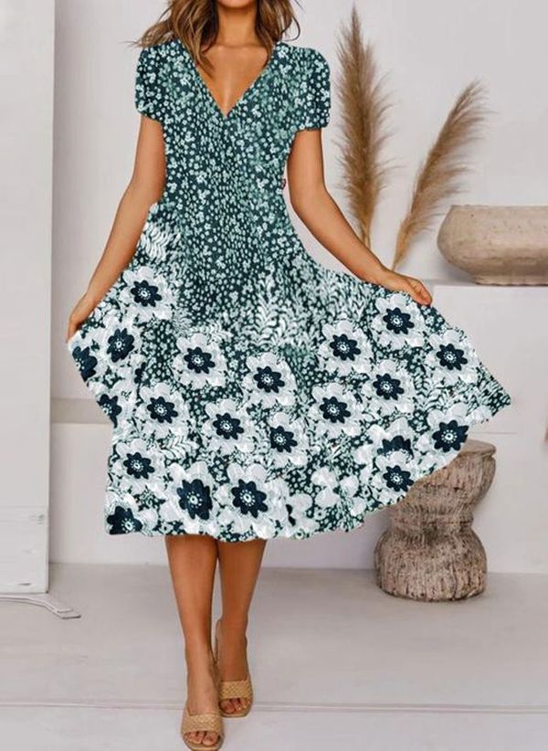 V Neck Bohemian Print Short Sleeve Dress - Flowy Casual Summer Dress with Elastic Waist