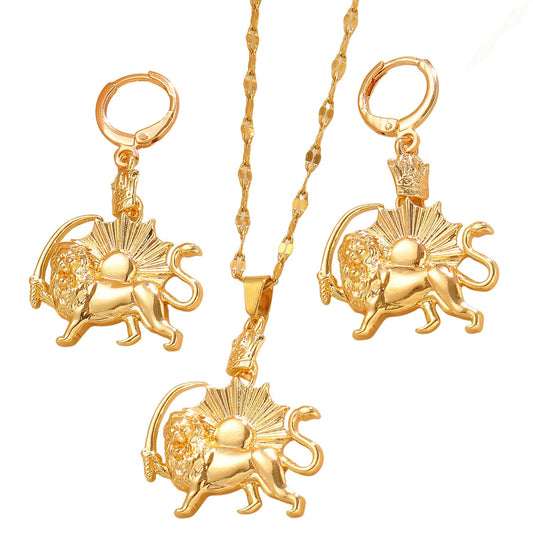 Vintage Crown Lion Sun Pattern Gold Pendant Earrings Necklace Punk Stainless Steel Set