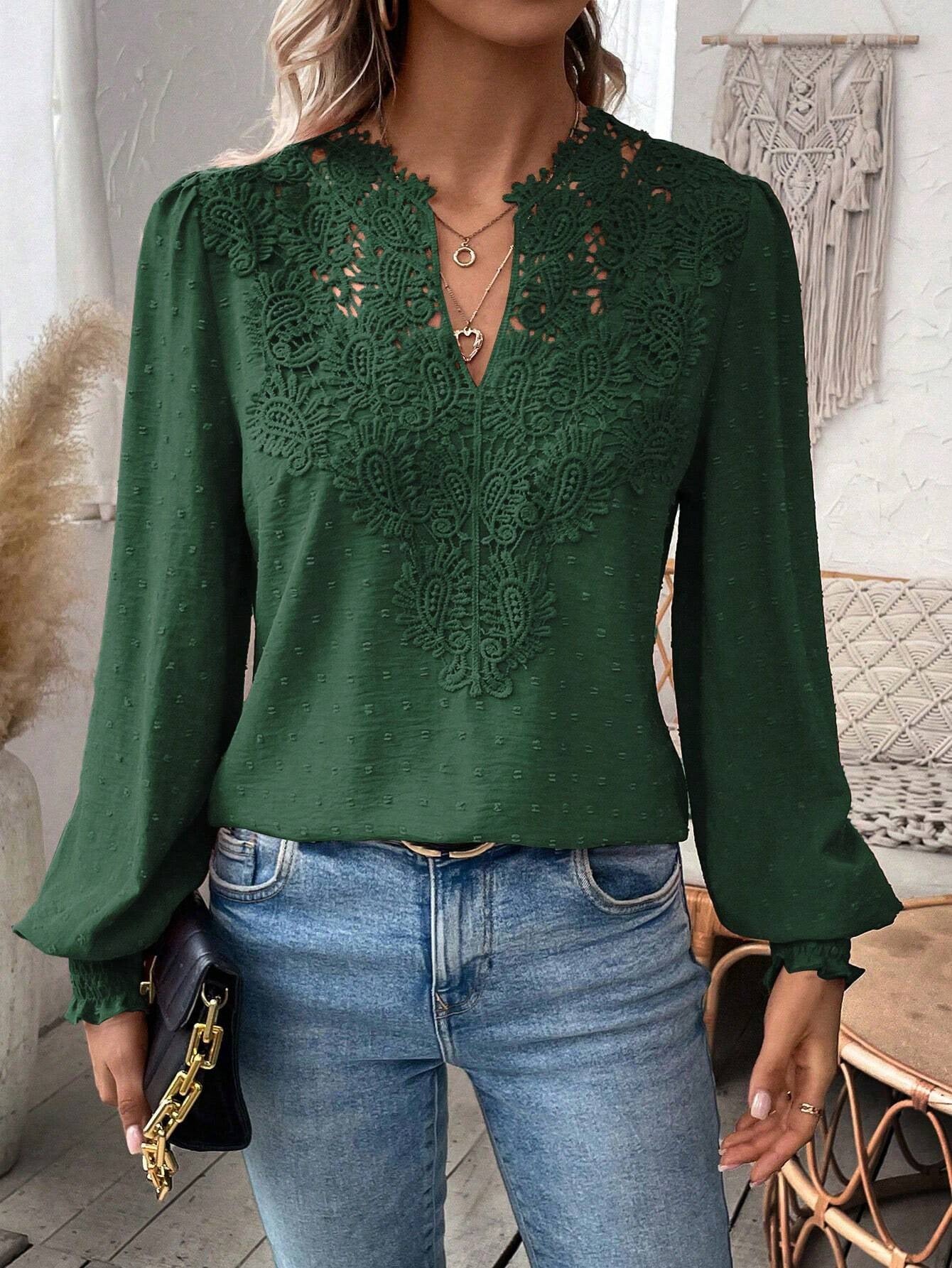 Autumn Winter V neck Lace Solid Color Long Sleeve Casual T Women Top