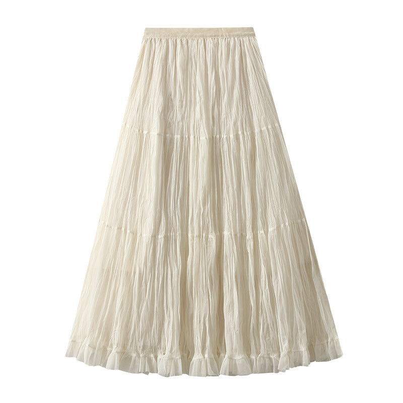 French Mid Length Pleated Mesh Skirt Autumn A line High Waist Fairy Large Swing Skirt for Women
