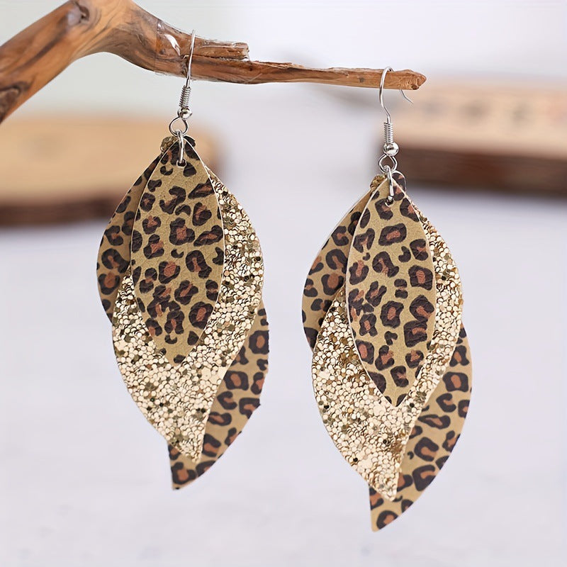 Bohemian Geometric Drop Earrings - Lightweight Faux Leather Leaf Design with Double-Sided Color & Triple Tassel Fringe