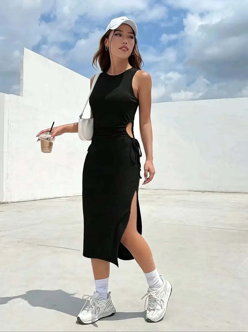 Women Round Neck Sleeveless Waist Drawstring Hollow Out Cutout Sheath Split Dress Women