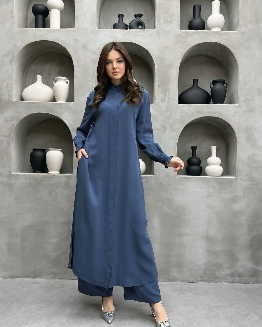 Women Clothing Multi Button Long Sleeve Split Stand Collar Shirt Casual Straight Pants Two Piece Set