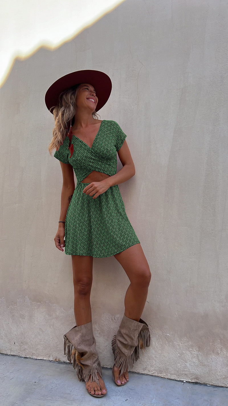 Summer Short Sleeve Two Sided Wear Printed Short Dress