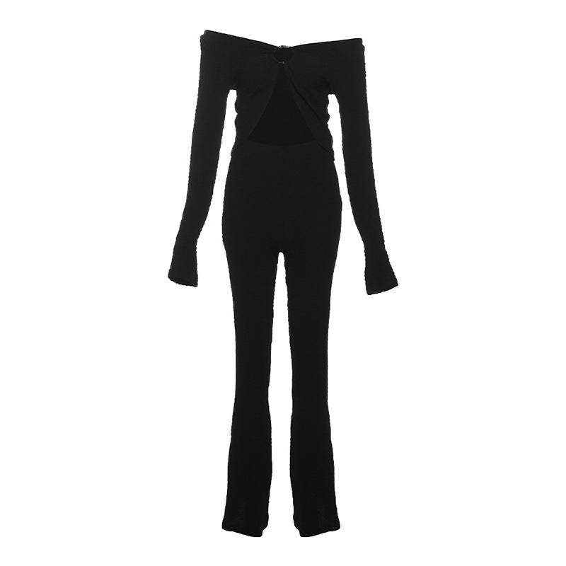 Fall Women Clothing Sexy Cutout Solid Color Long Sleeve Slim Fit Slimming Bootcut Pants Two Piece Set