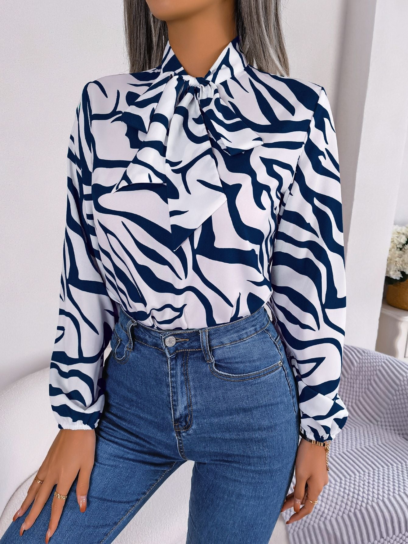 Autumn Winter Contrast Color Striped Lace up Lantern Sleeve Chiffon Shirt Top Women Clothing