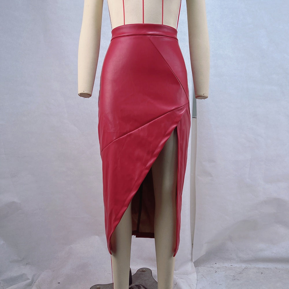 Women Clothing Autumn High Waist Slim Fit Slit Skirt Irregular Asymmetric Leather Skirt