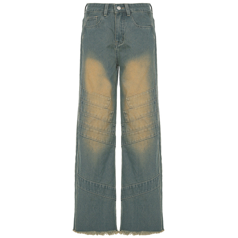 Street Vintage Retro Blue Washed Loose Jeans Striped Split Straight Leg Trousers Women