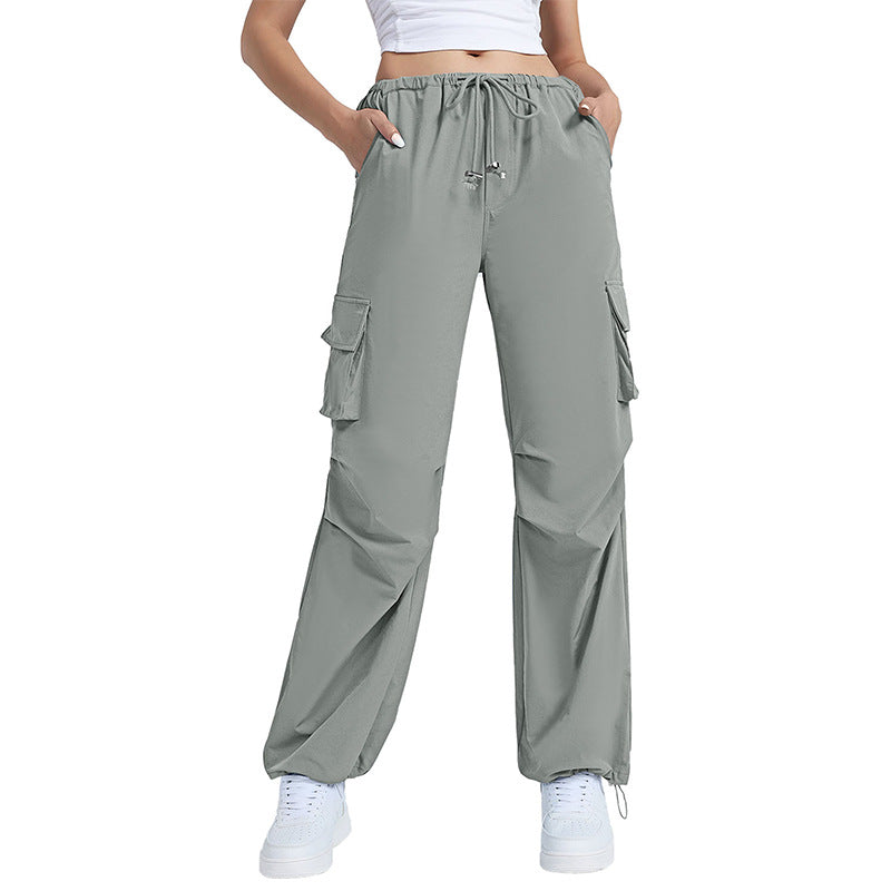 Retro Straight Wide Leg Pants Women Autumn Solid Color Multi Pocket Loose Baggy Trousers Casual Working Pants
