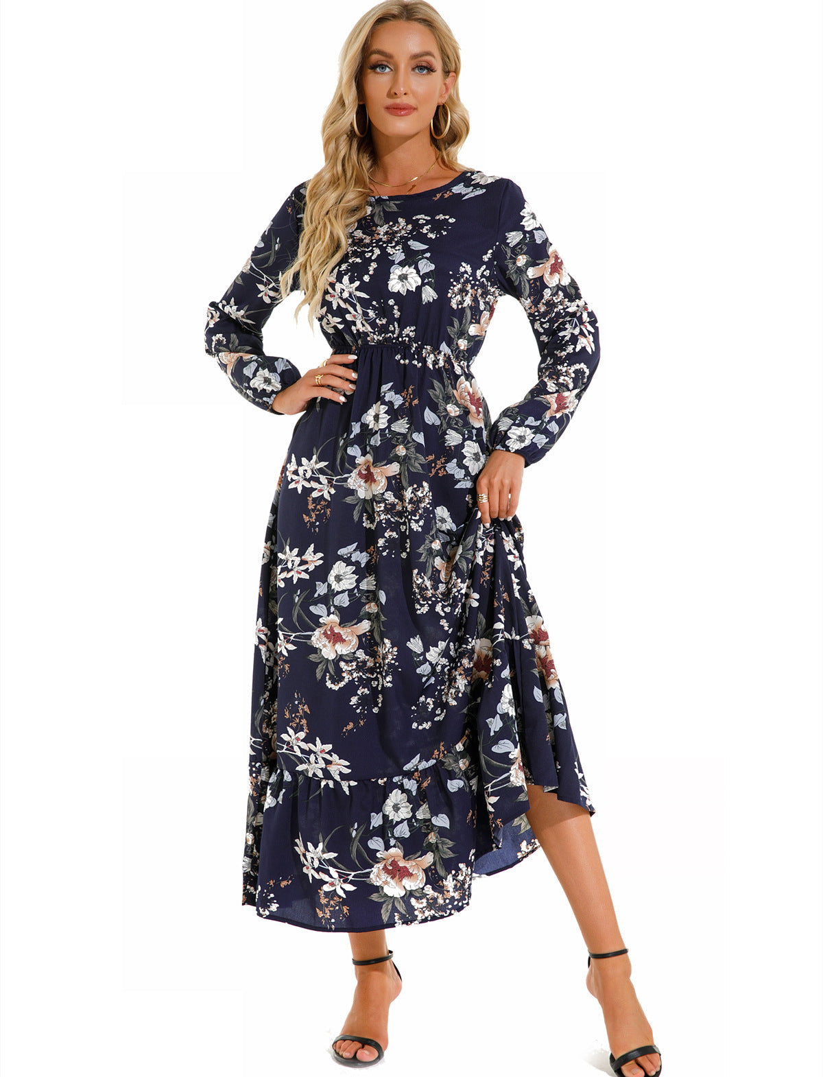 Spring and Autumn floral chiffon dress waist thin long sleeve round neck long printed skirt children