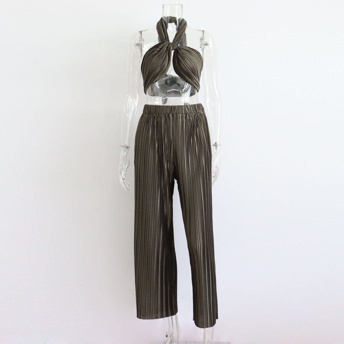 Spring Summer Pleated Sexy Suit Women Cropped Sleeveless Adjustable Vest Casual Pants Two Piece Set for Women