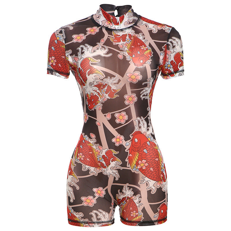 Spring Summer Women Print See through Slim Fit Sexy Backless Jumpsuit