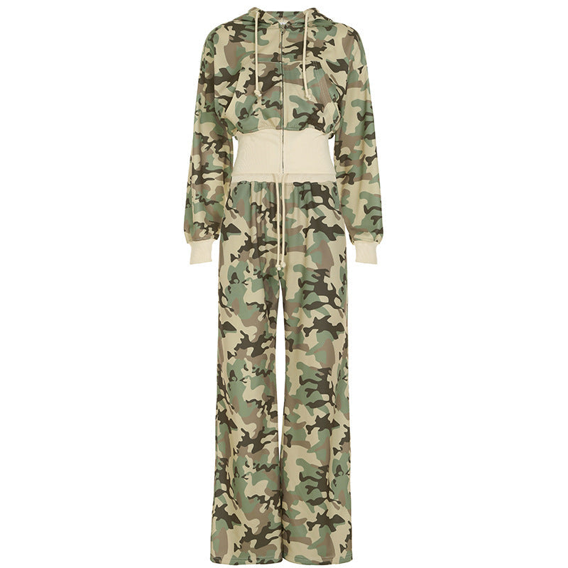 Casual Contrast Color Cinched Hoodie Long Sleeve Sweatshirt Sweatpants Two Piece Camouflage Cardigan Coat Trousers Sets