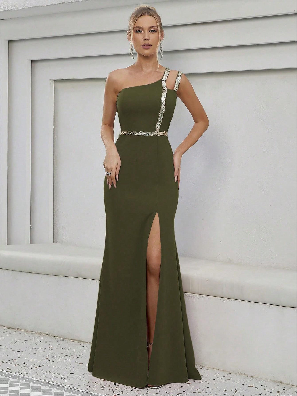 One Shoulder Evening Dress Metal Ribbon Slit Large Swing Evening Dress Dance Dress Party Dress Bridesmaid Dress Summer