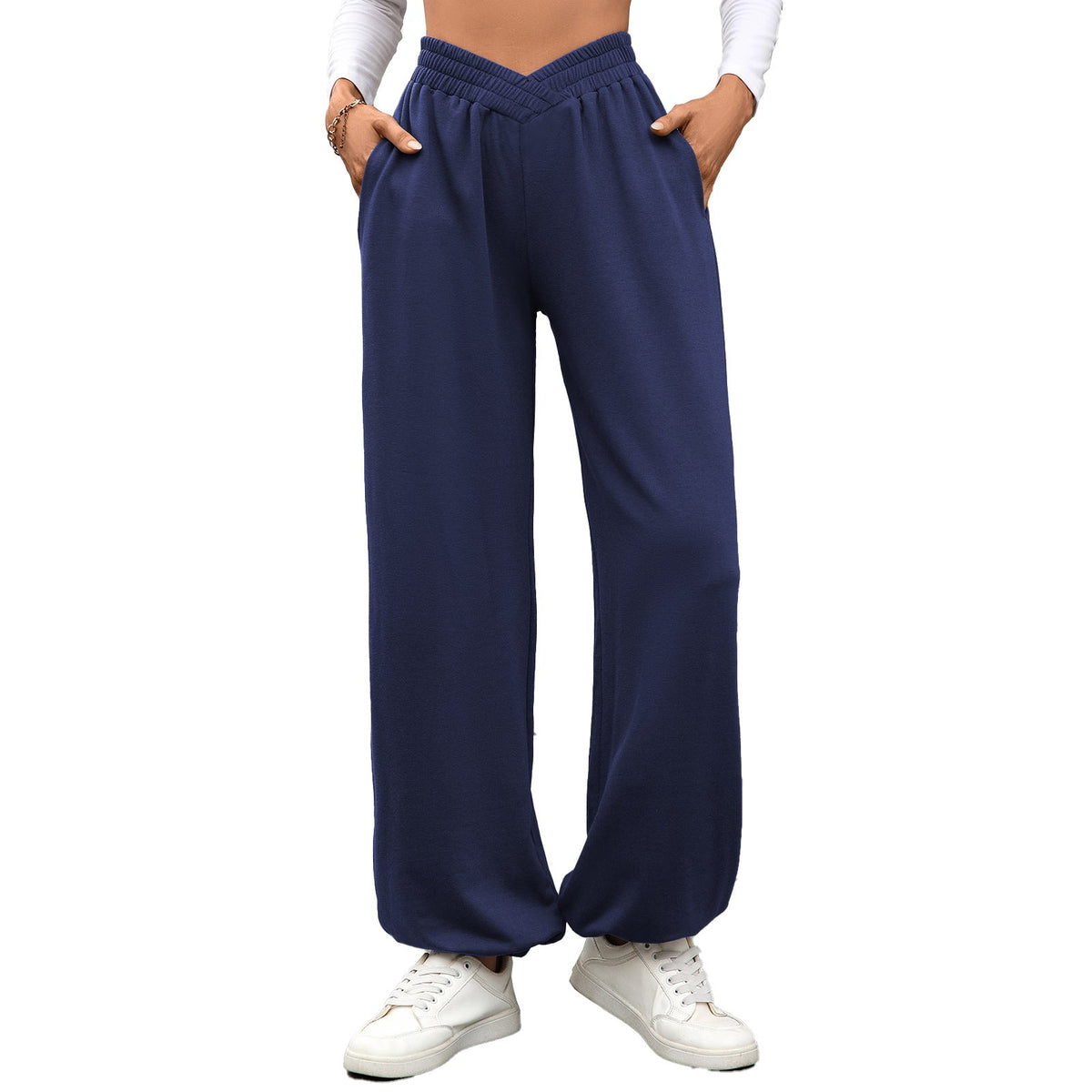 Autumn Winter Elastic Waist with Pocket Ankle Tied Loose Casual Women Pants