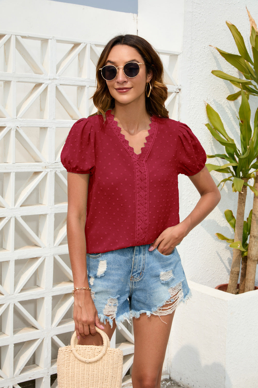 Spring Summer Women Clothing Loose Casual Vacation T shirt Women V neck Short Sleeve Top Lattice Trim