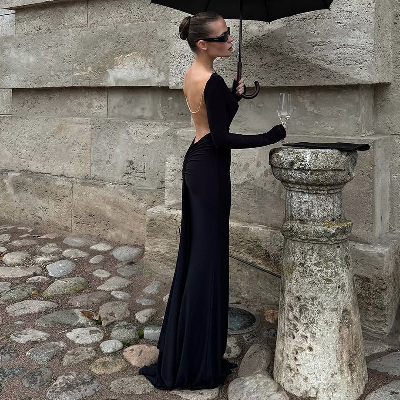 Autumn Winter Women Sexy Backless Chain Decoration Slim Fit Long Sleeved Dress