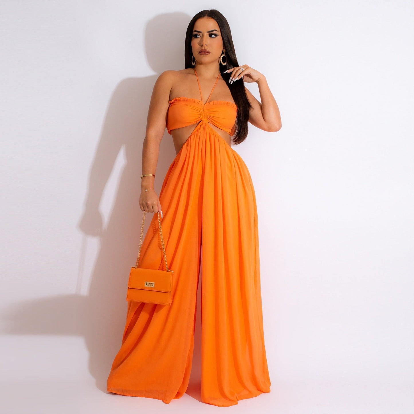 Source Sexy Chiffon Chest Wrapped Bare Back Wide Leg Jumpsuit Women Clothing