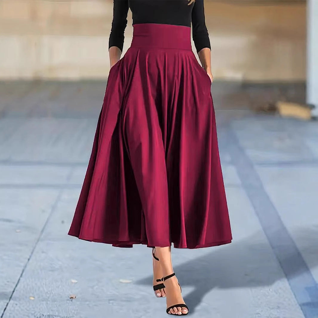 Women Clothing Fashionable Elegant Solid Color A line Slimming High Waist Long Skirt