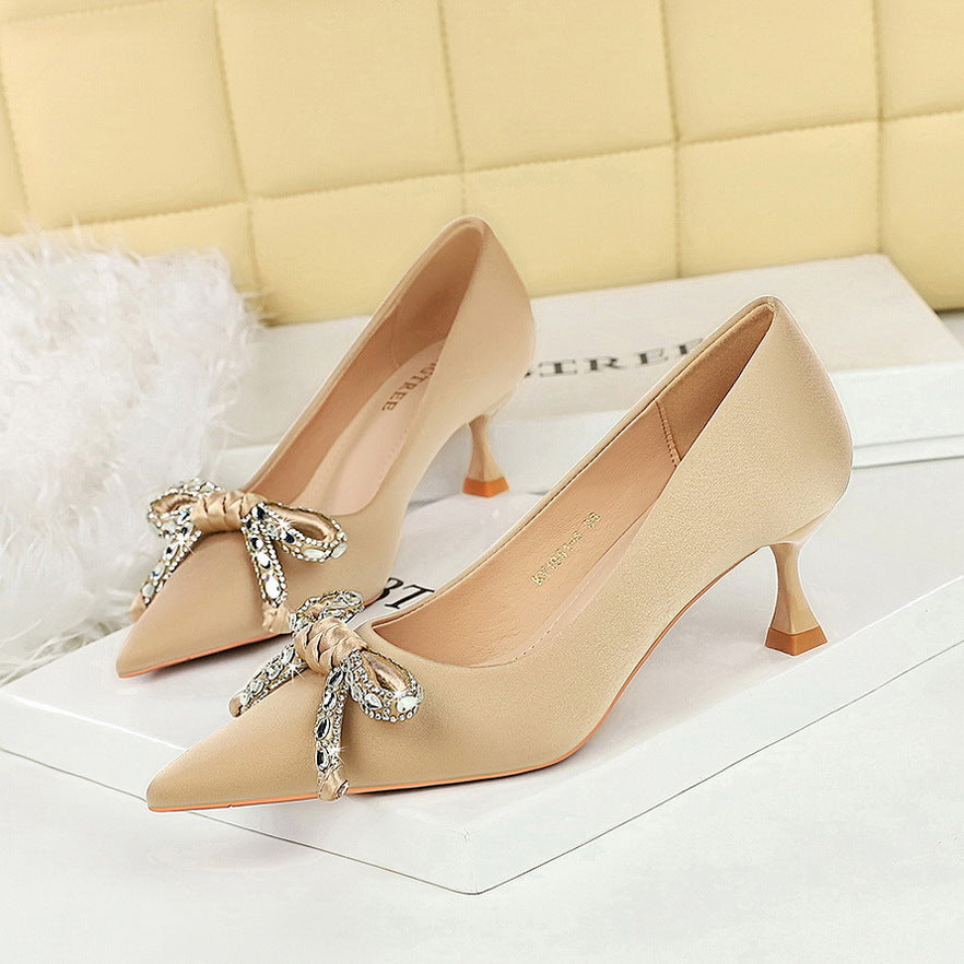 Light Luxury Rhinestone Bow Pointed Stiletto Mid Heel Satin Pumps Wine Cup Heel Women Shoes