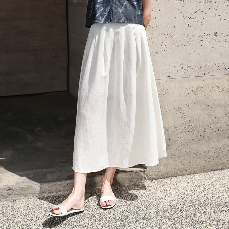 Linen Umbrella Skirt Summer Waist Pleated Design Skirt Slimming Elegant Graceful Skirt Women