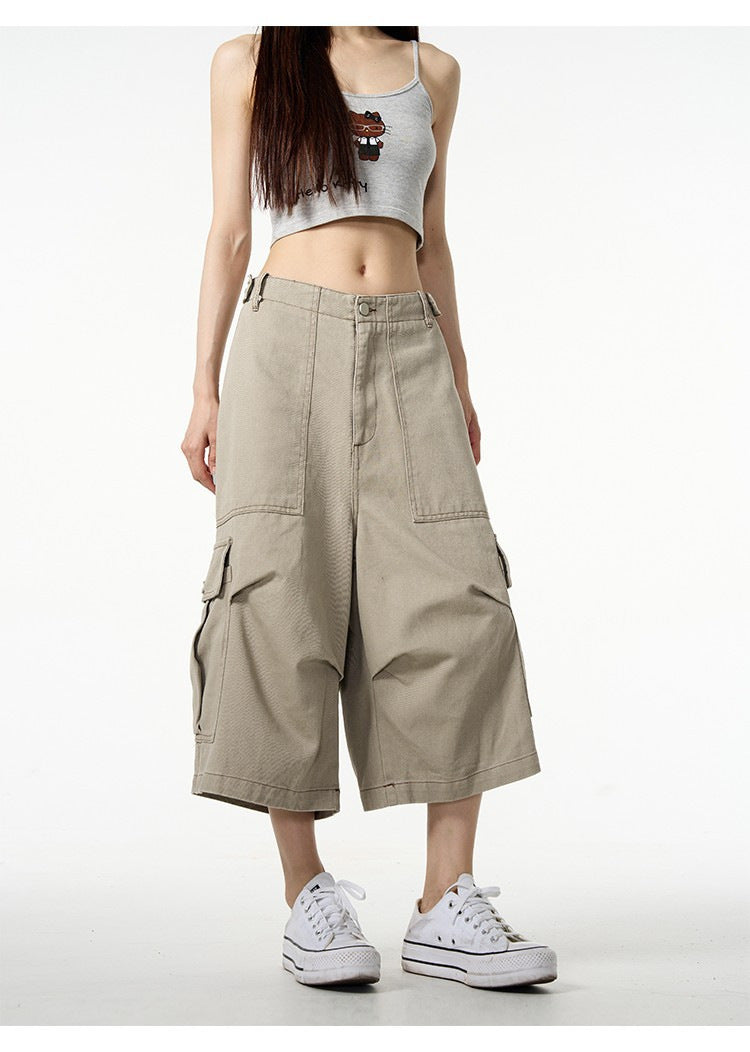 Retro Workwear with Pocket Women Loose Straight Wide Leg Jeans