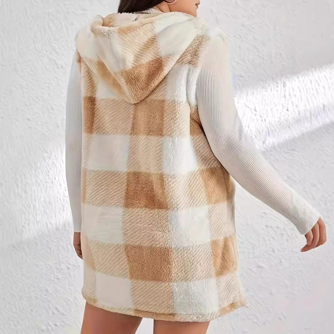 Fall Winter Popular Elegant Cardigan Two Tone Plaid Hooded Women Plush Vest Coat Women