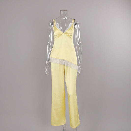 Women Stitching Lace Imitated Silk Pajamas Suspender Trousers Two Piece Sets Home Wear Autumn