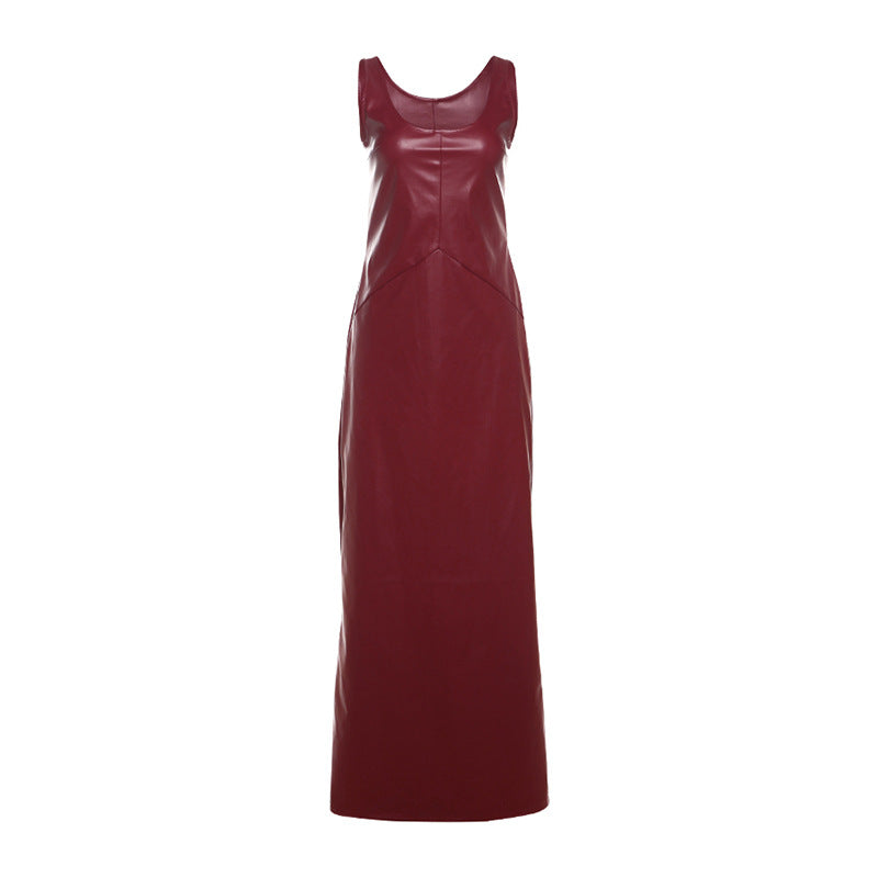 Autumn Sexy U Collar Slim Strap Faux Leather Solid Color Split Maxi Dress Women