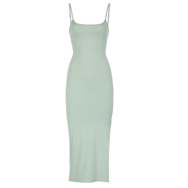 Personality Casual Solid Color Sexy Slim Hip Backless Cutout Sling Maxi Dress