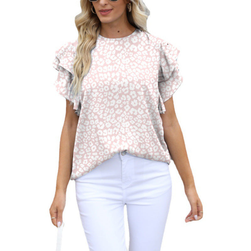 Women Summer round Neck Printed Ruffled Short Sleeves Chiffon Shirt Floral Pullover T shirt