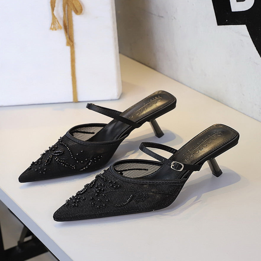 Lace Mesh Stiletto Heel Pointed Toe Semi Slippers Women Floral Embroidery Sexy Hollow Out Cutout out Strap Slippers