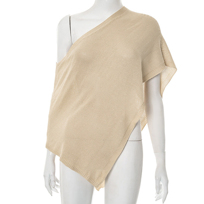 Women Clothing Summer Sexy Elegant Woolen Slant Shoulder Loose Top