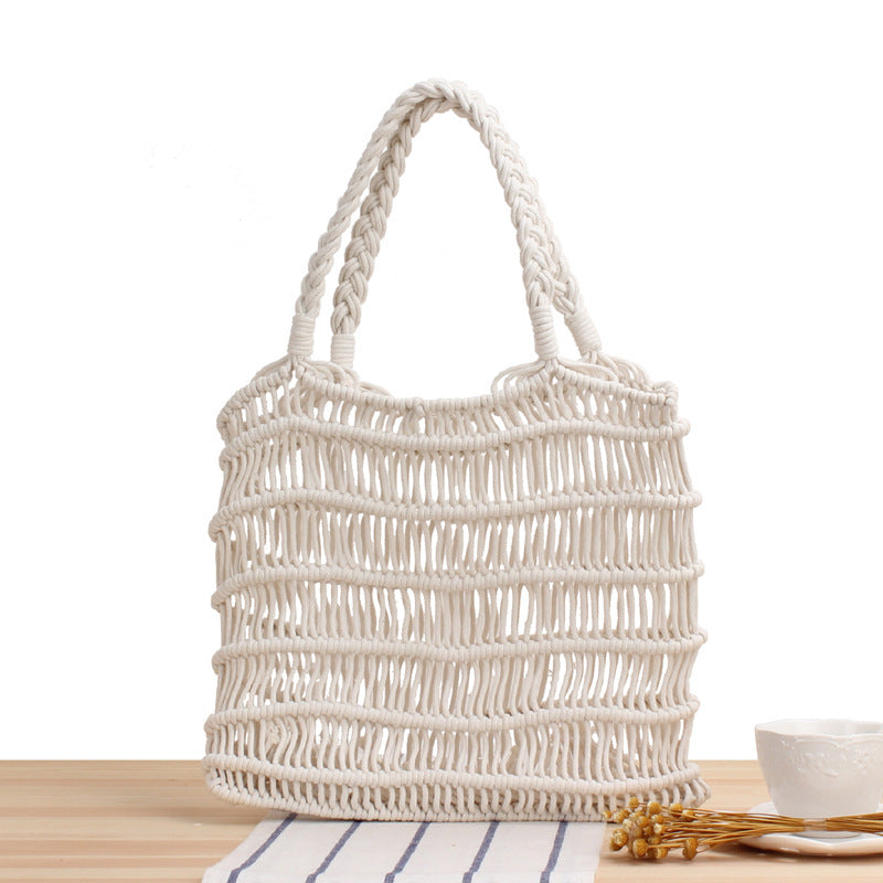 One-Shoulder Portable Cotton Rope Net Pocket Hand-Woven Bag Trendy Women Mori Straw Bag Beach Bag
