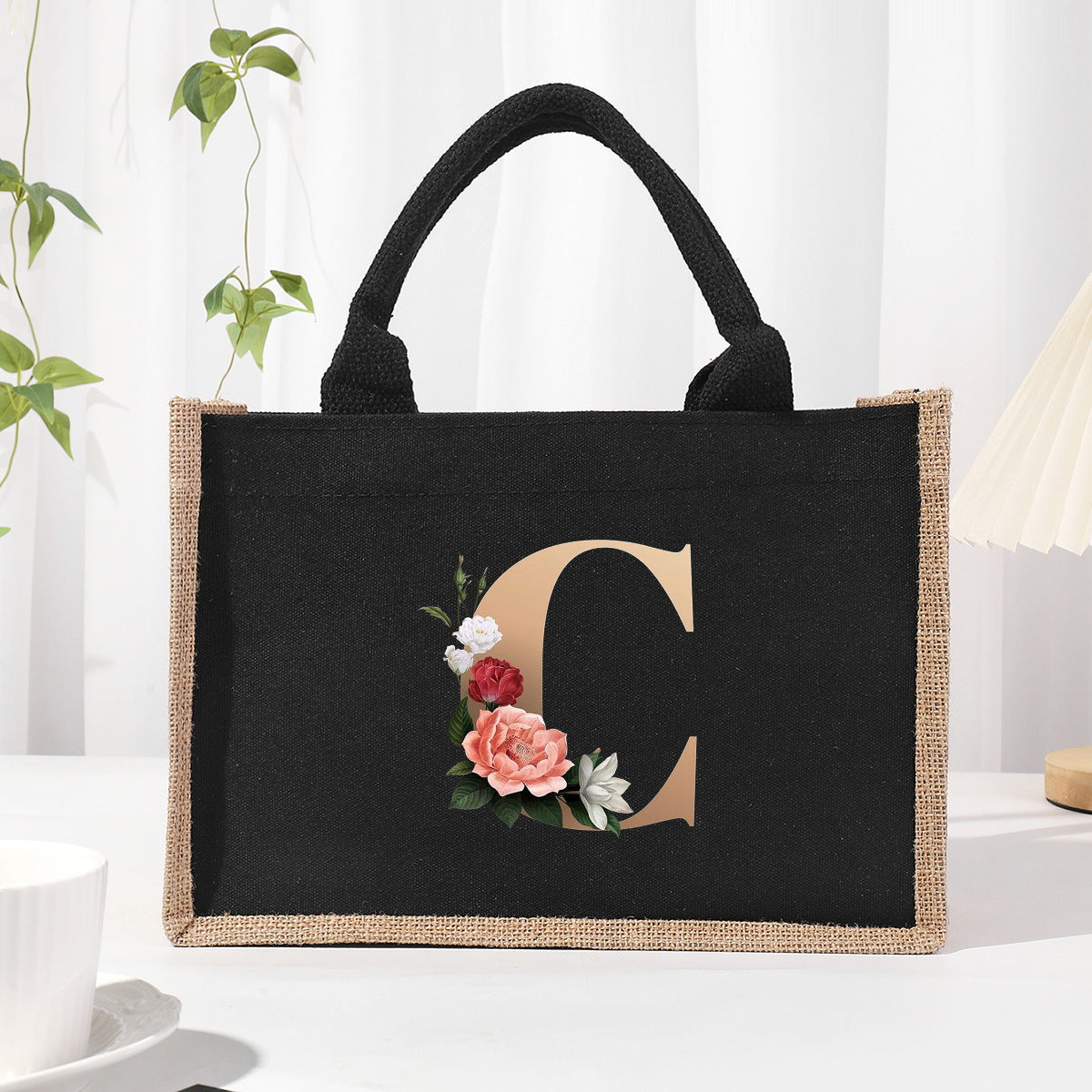 Cotton and linen canvas tote bag, printed letter tote bag, portable light handbag, gift shopping bag
