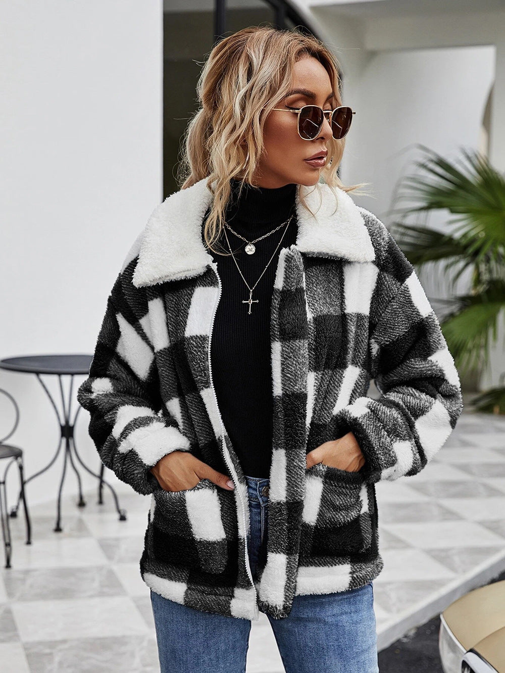 Autumn Winter Zipper Collared Plush Plaid Coat Loose Office Women Outerwear