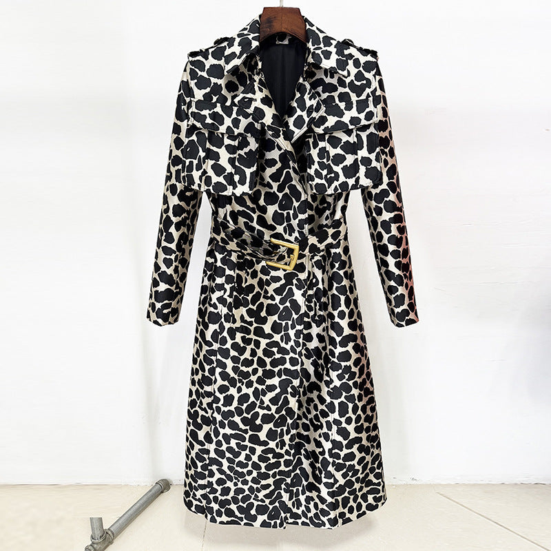 Autumn Winter Belt Leopard Jacquard Long Trench Coat