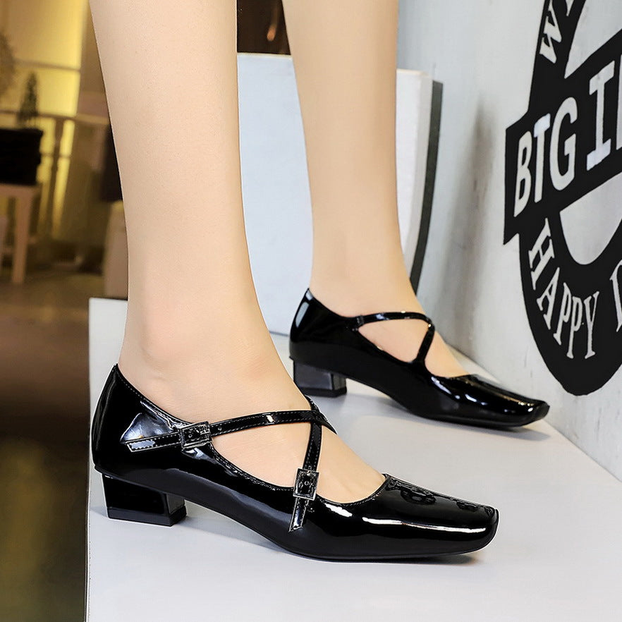 Dating Cross Women Strap Shoes Square Head Chunky Heel Metal Shiny Patent Leather Hollow Out Cutout out Pumps