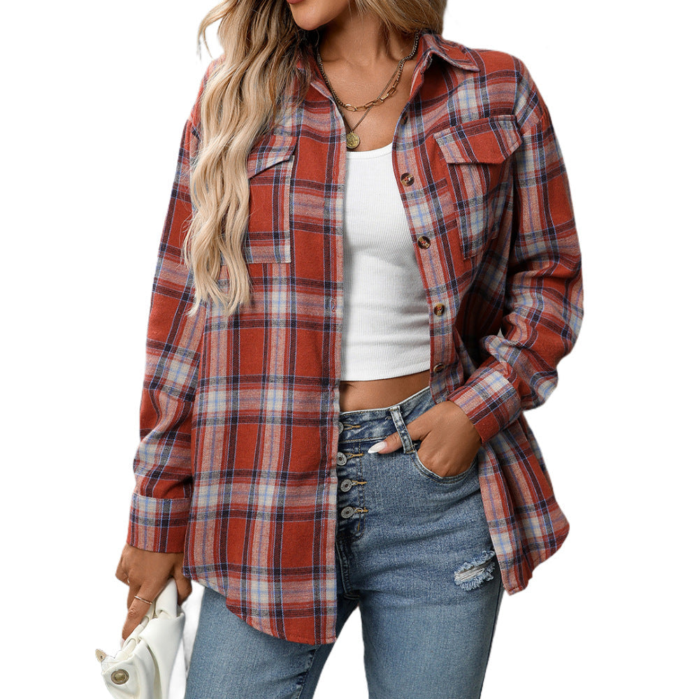 Autumn Winter Women Clothing Casual Loose Plaid Pocket Shirt for Women