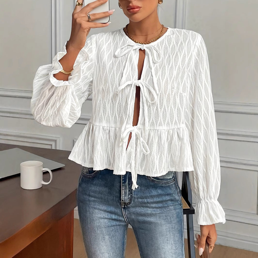 Popular Long Sleeved Lace up Casual Women Tops