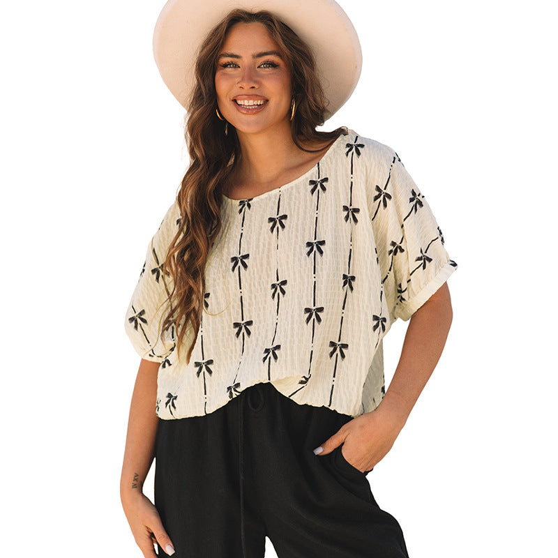 Summer Pullover round Neck Short Sleeve Top Women Sweet Bow Print Chiffon Shirt Women