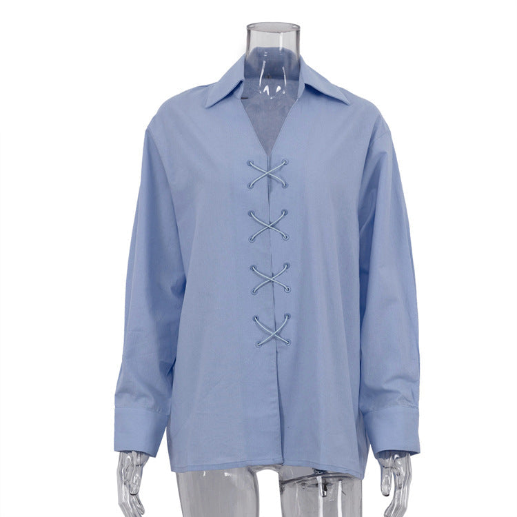 Cotton Shirt Women Spring Solid Color Collared Long Sleeve Niche Design Cross Tied Shirt