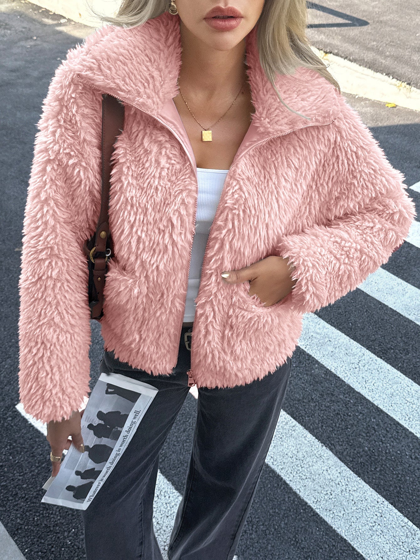 Women Clothing Autumn Winter Elegant Simple Fur Long Sleeved Overcoat Coat