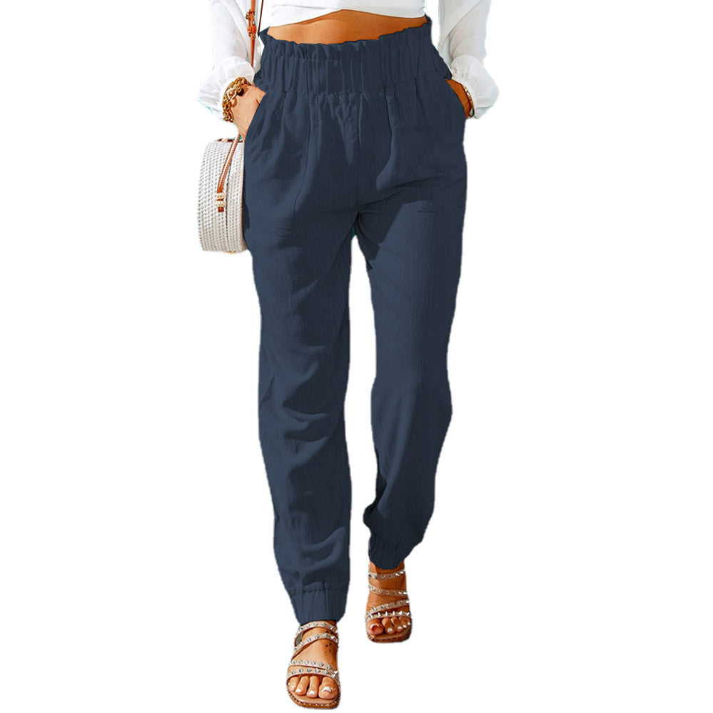 Women Clothing Spring Ruffled Elastic Waist High Waisted Trousers
