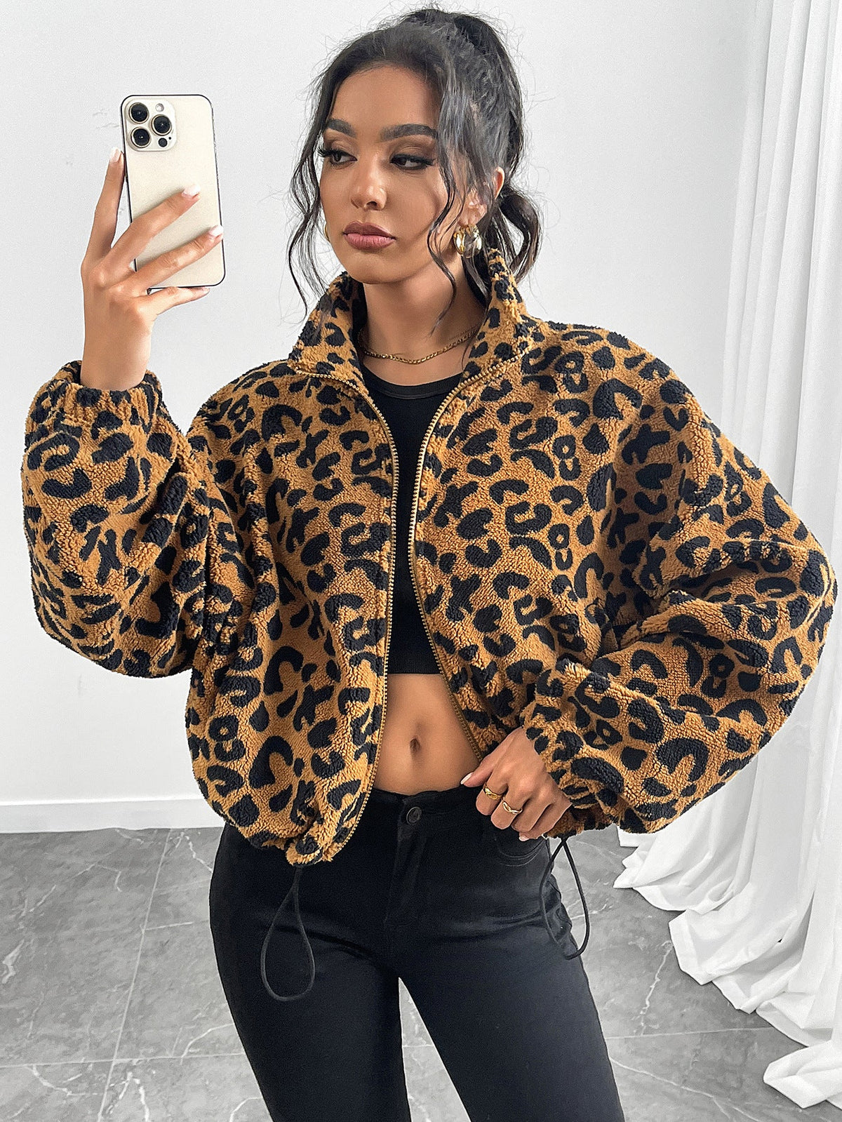 Autumn Winter Women Clothing Loose Cardigan Zipper Leopard Print Plush Coat