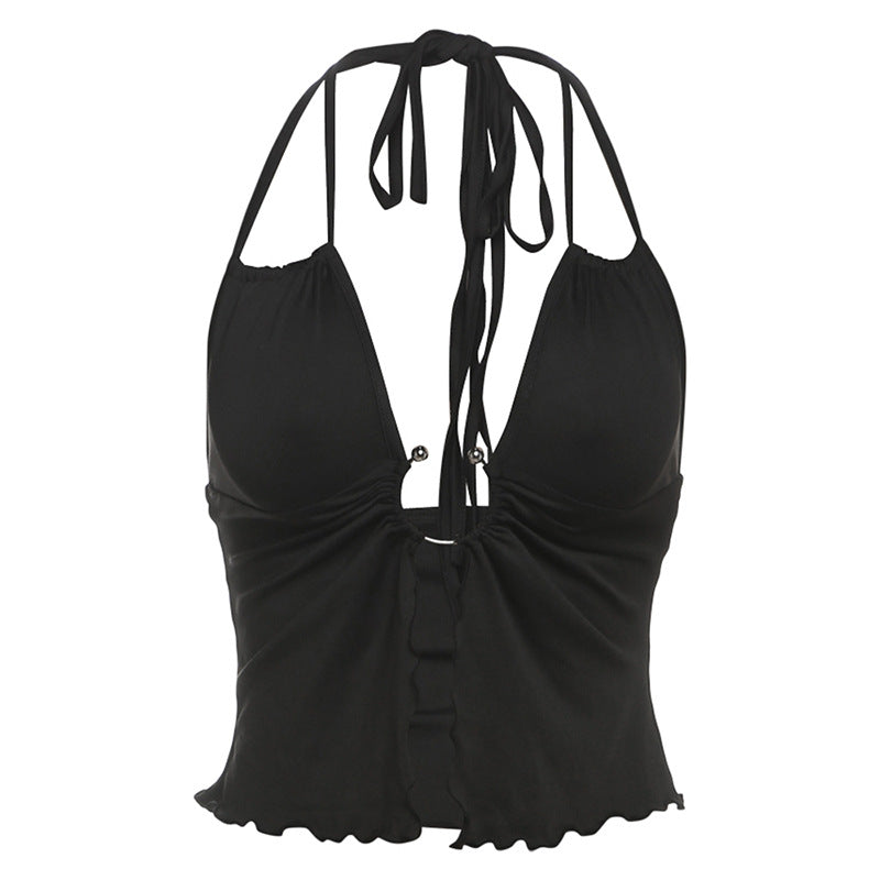 Spring Summer Women Clothing Sexy Lacing Hollow Out Cutout Wooden Ear Halter Cropped Camisole