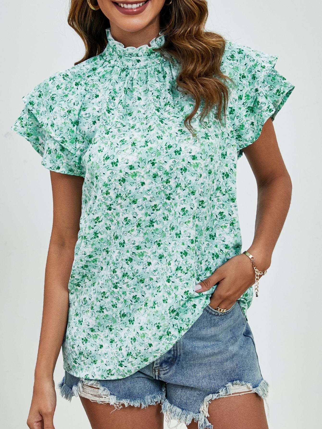 Women Top Half Turtleneck Double Layer Sleeve Casual Loose Printed Short Sleeved Top